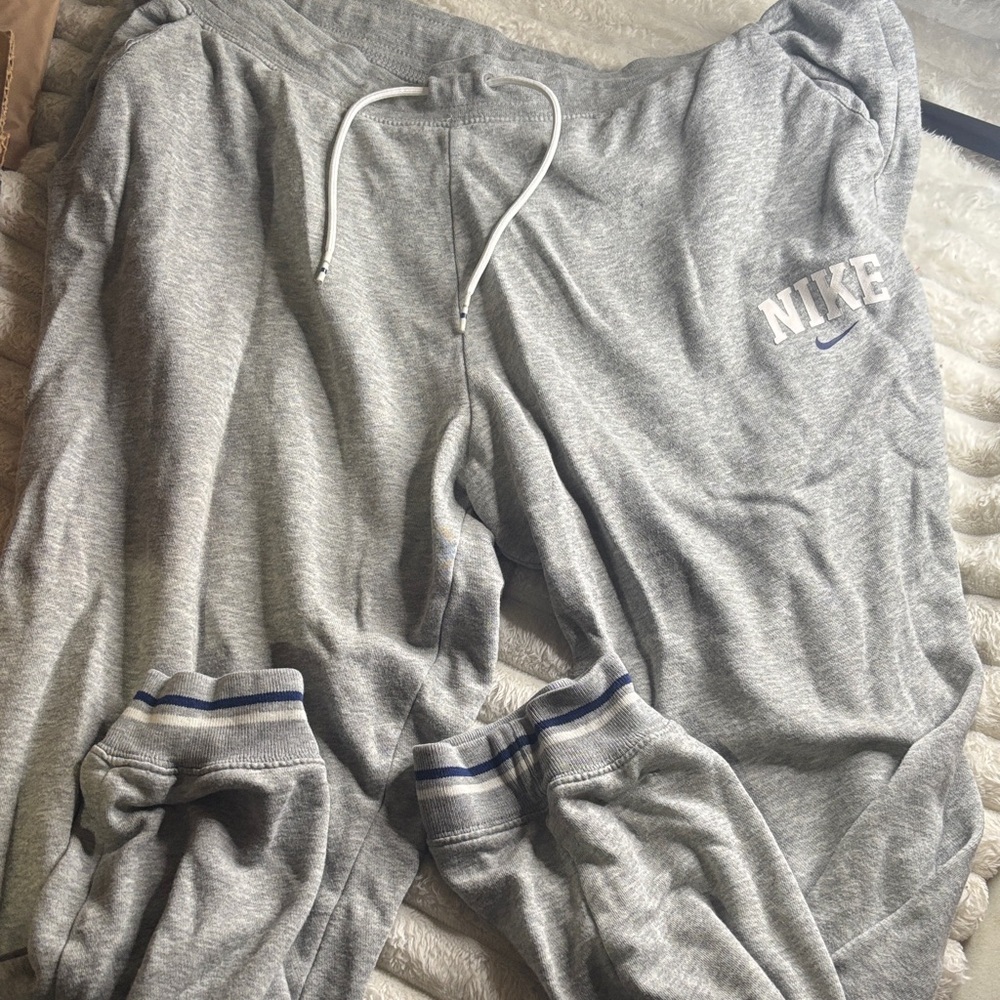 Nike Gray Sweatpants with White NIKE Text and Navy Swoosh